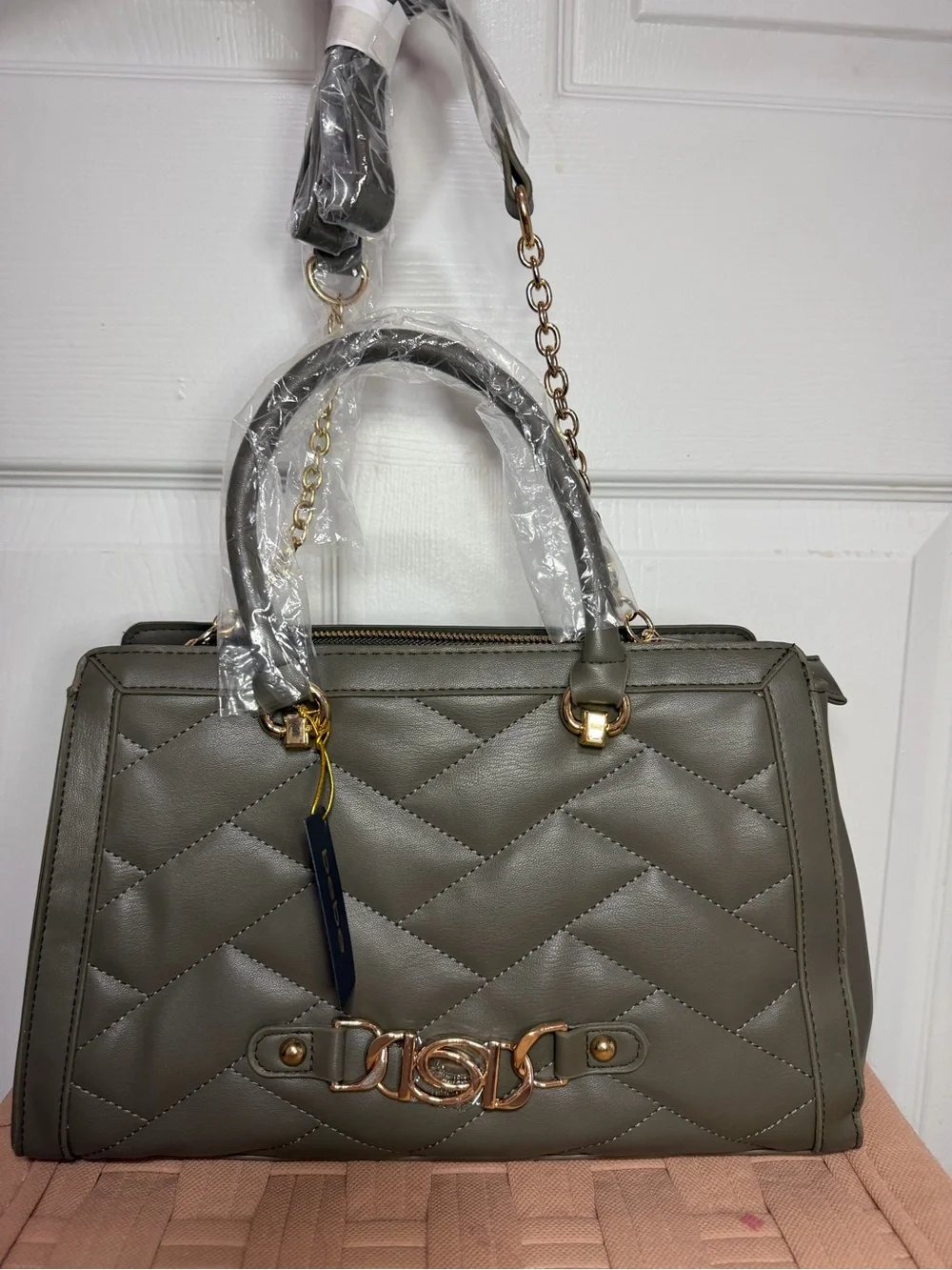 bebe Quilted Olive Green Satchel with Gold Hardware